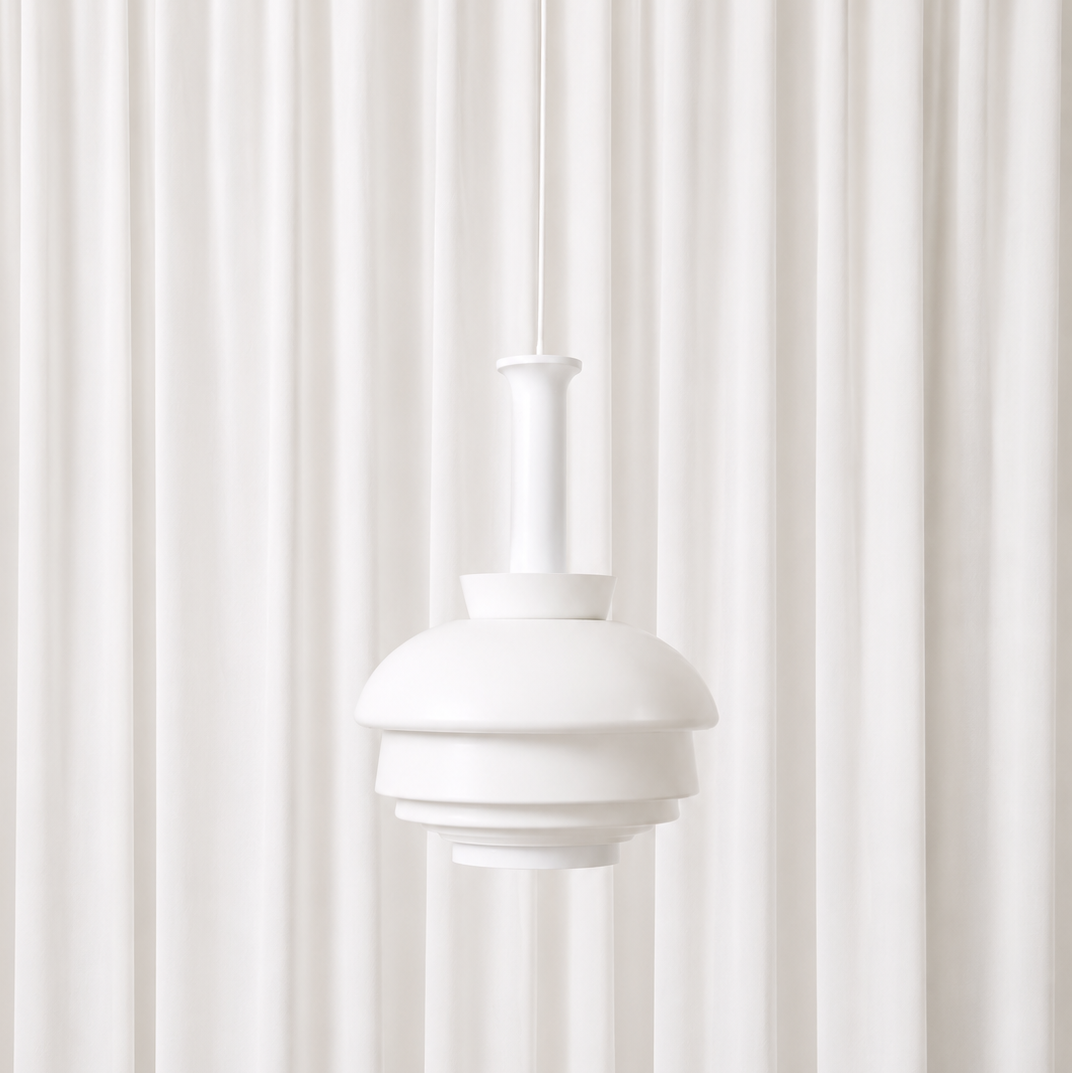 Rare vintage A335B pendant lamp by Alvar Aalto, manufactured in Finland by valaisinpaja. White metal shade with authentic wear and visible patina.