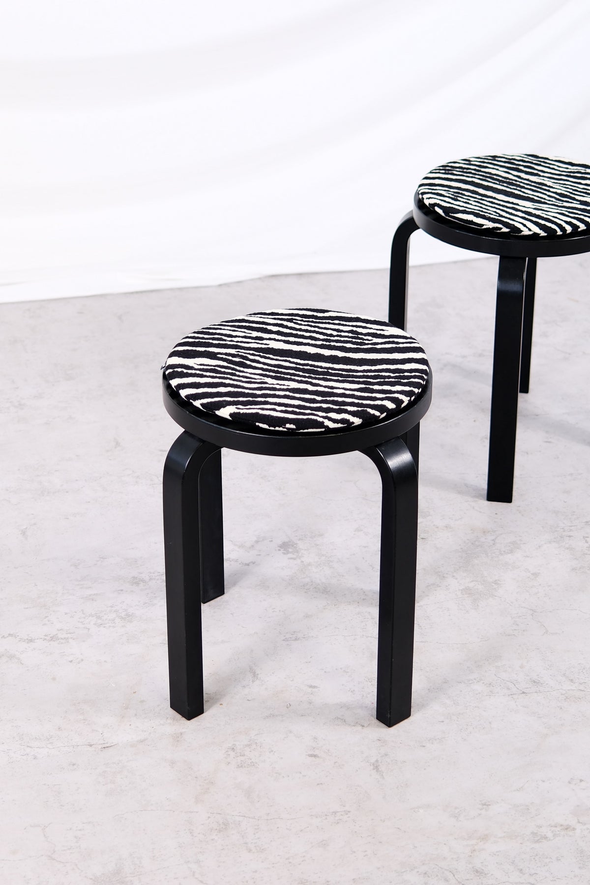 Artek E60 Stools, Black with Zebra Cushions