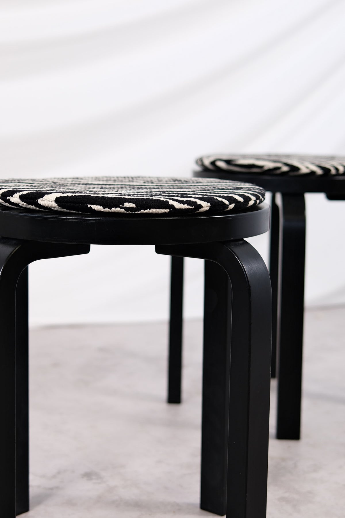 Artek E60 Stools, Black with Zebra Cushions