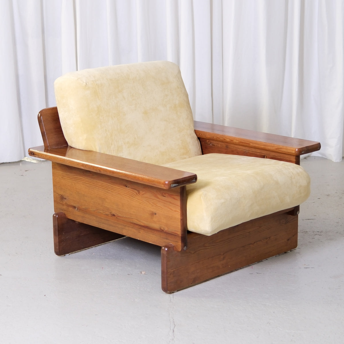 Vintage Scandinavian Pine Armchairs with Butter Velvet Upholstery