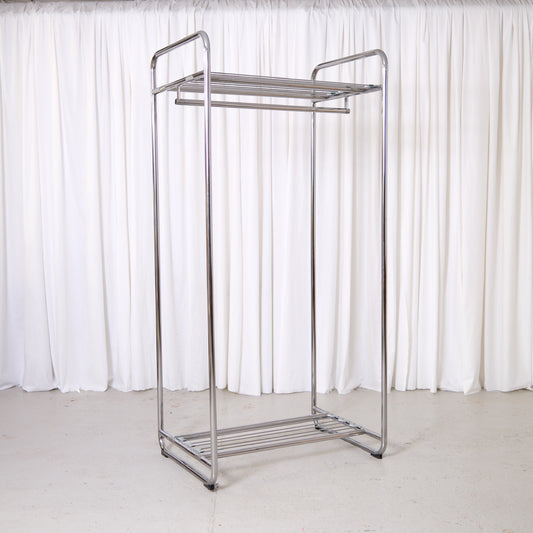 Vintage Yrjö Kukkapuro Remmi coat rack in chrome with hanging rail and wire shelves