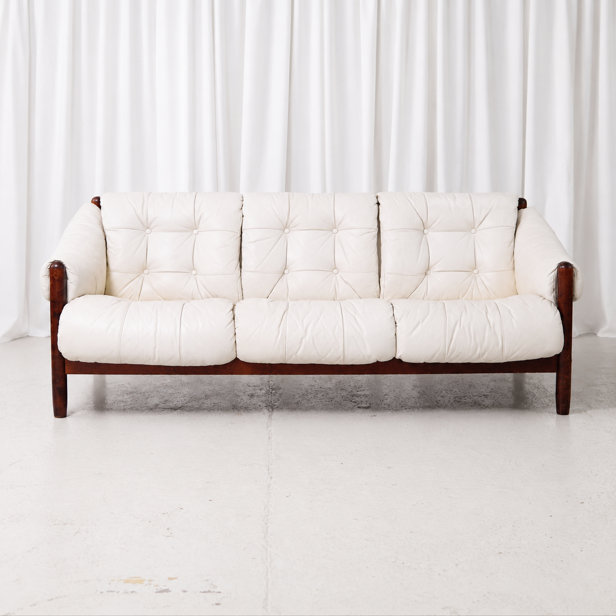 Vintage Brazilian Style Three-Seater Sofa in White Leather